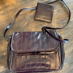 Genuine Eel Skin Shoulder/Crossbody Burgundy bag with matching wallet